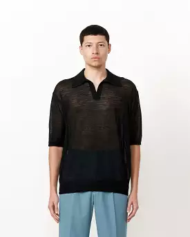 Silk Knit Skipper Polo in Black