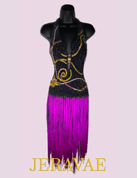 Sleeveless Black Halter Latin Dress with Plunging V-Neckline, Black and Magenta Fringe Skirt, and Open Back Sz S Lat215