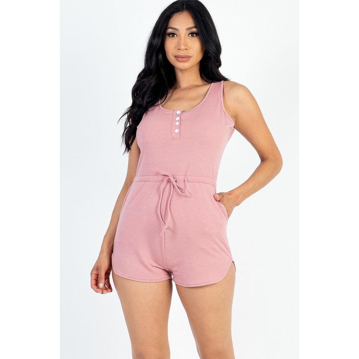 Sleeveless Drawstring Waist Button Tank Romper