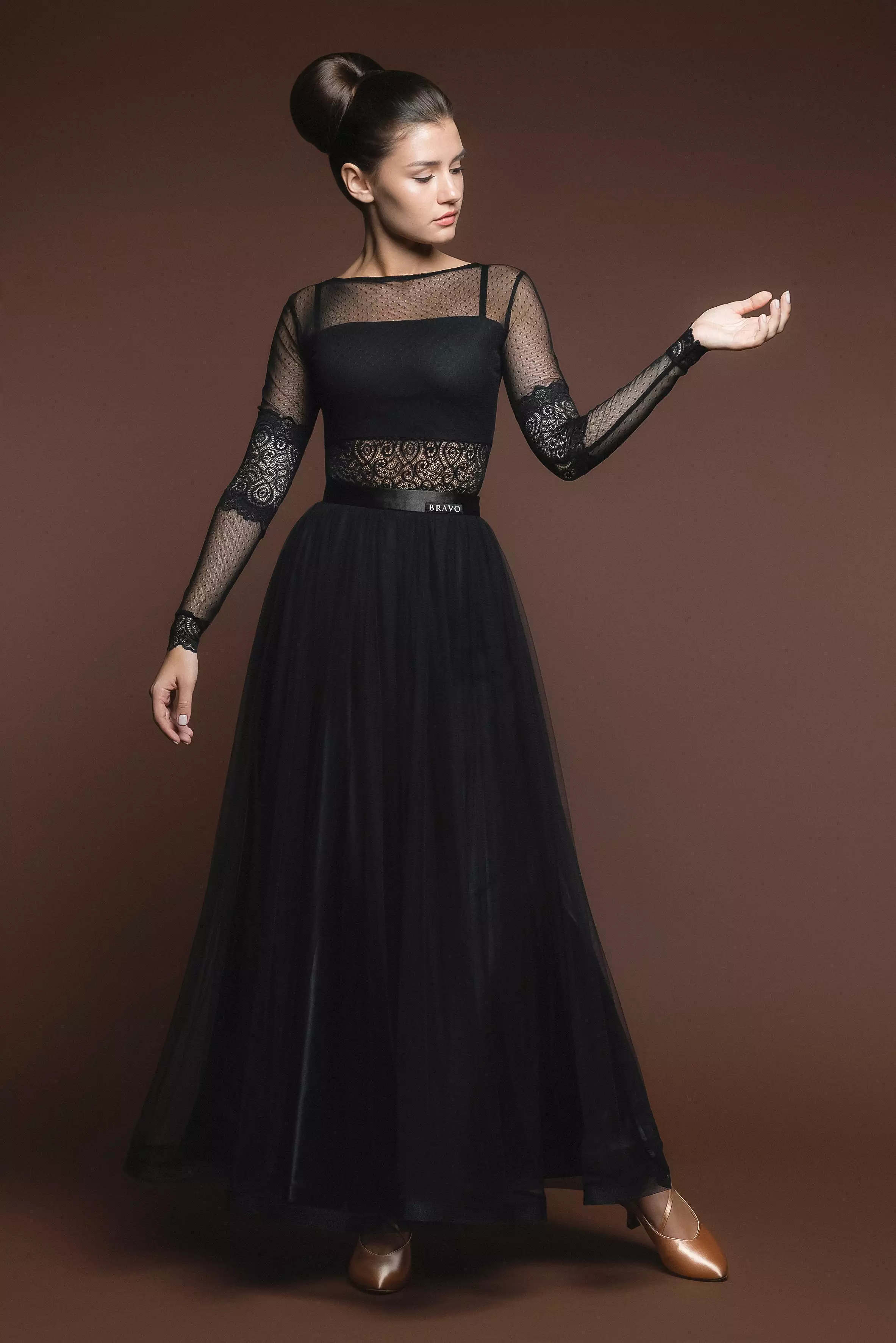 Soft Black Ballroom Practice Skirt with Wrapped Horsehair Hem and Satin Waistband Matching Lace Ballroom Practice Top Pra526