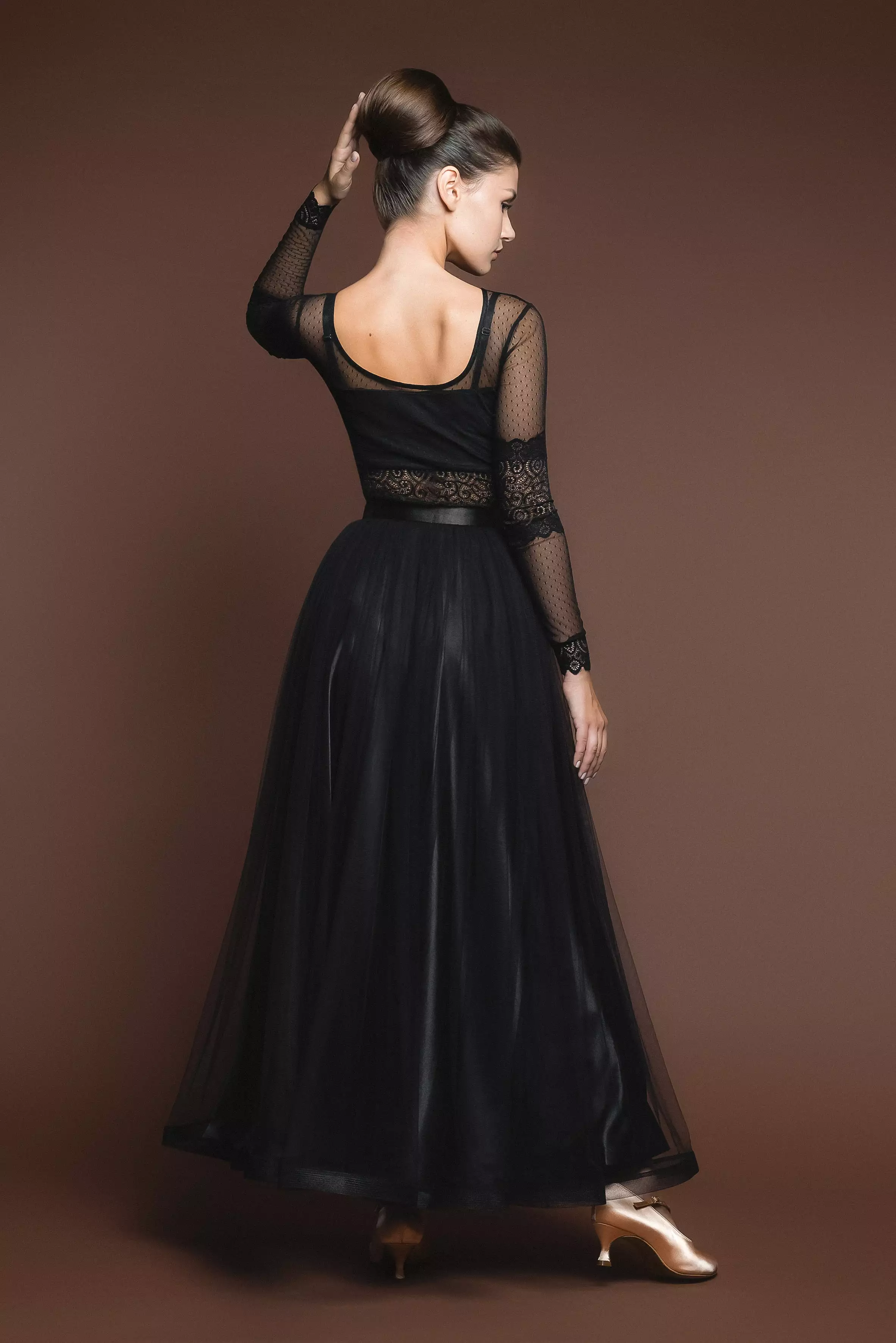 Soft Black Ballroom Practice Skirt with Wrapped Horsehair Hem and Satin Waistband Matching Lace Ballroom Practice Top Pra526