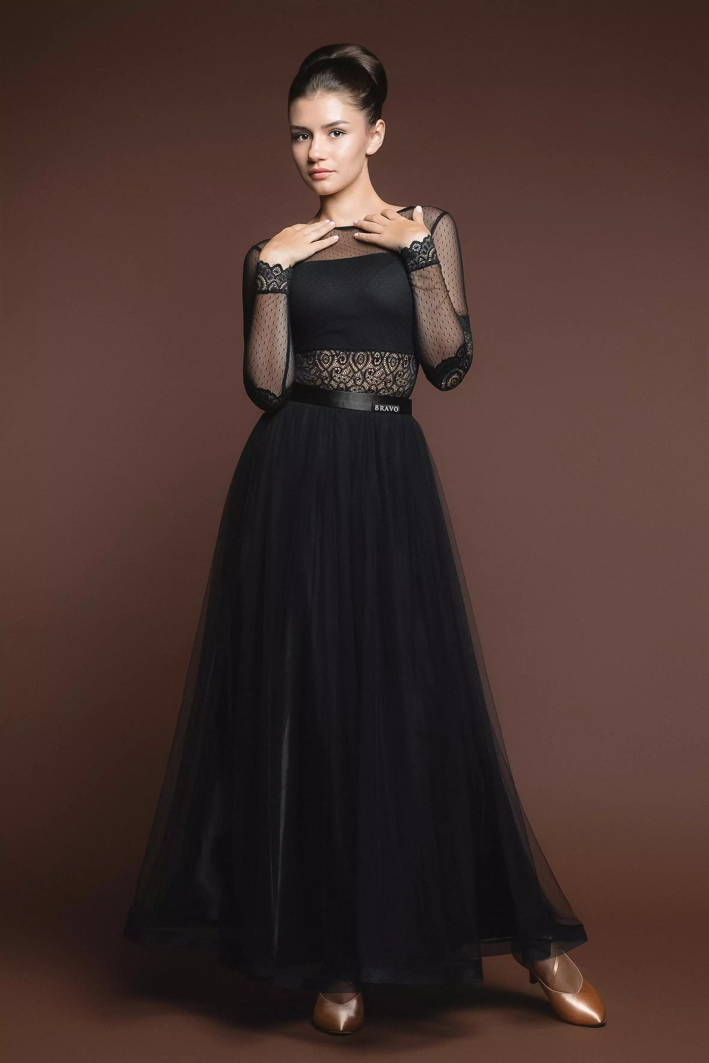 Soft Black Ballroom Practice Skirt with Wrapped Horsehair Hem and Satin Waistband Matching Lace Ballroom Practice Top Pra526