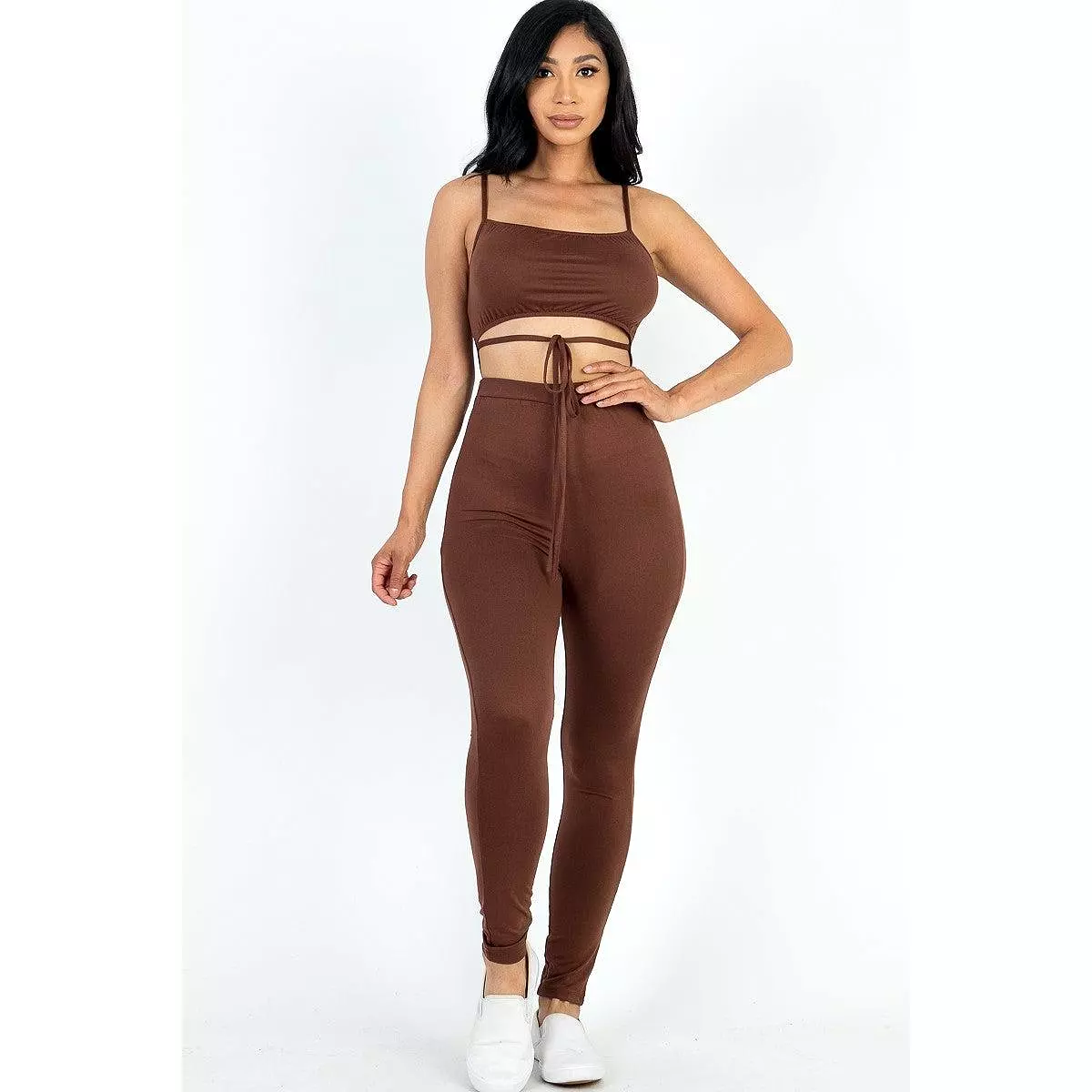 Stretch Jersey solid tie front cut out jumpsuit