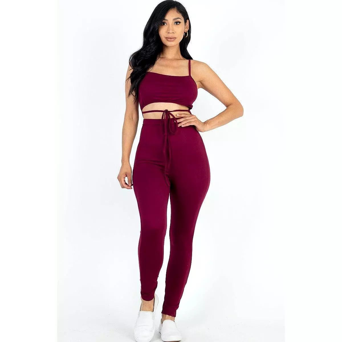 Stretch Jersey solid tie front cut out jumpsuit