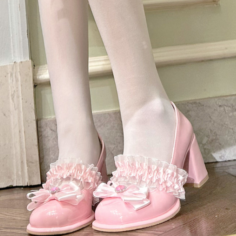 Sweet Peach Pink Bow Lace High Heels