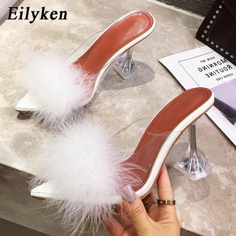 Transparent Feather High Heels Fur Slippers Woman Peep Toe Mules Lady Pumps Slides White Shoes