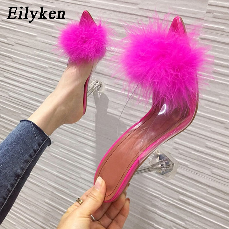 Transparent Feather High Heels Fur Slippers Woman Peep Toe Mules Lady Pumps Slides White Shoes