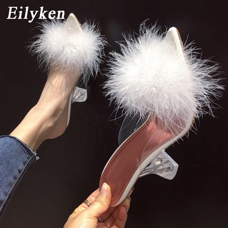 Transparent Feather High Heels Fur Slippers Woman Peep Toe Mules Lady Pumps Slides White Shoes