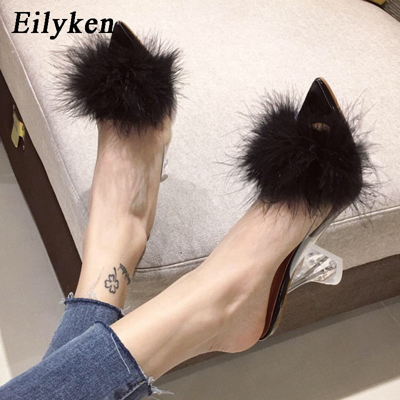 Transparent Feather High Heels Fur Slippers Woman Peep Toe Mules Lady Pumps Slides White Shoes