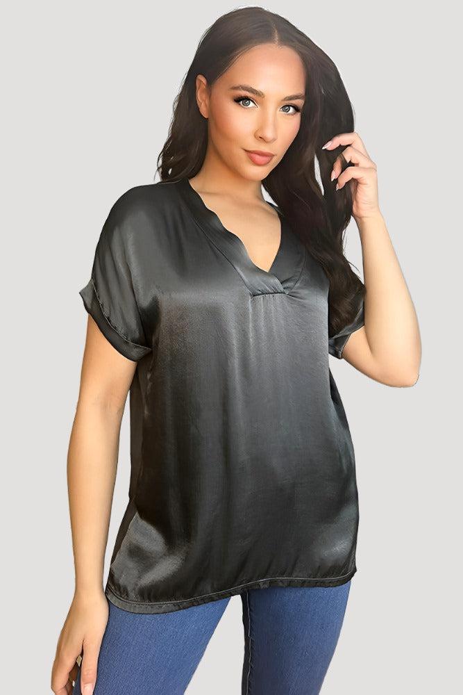 V-Neck Satin Front Short Sleeve Blouse