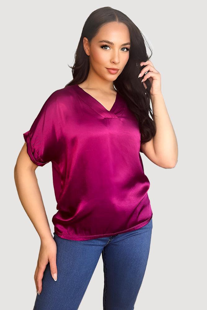 V-Neck Satin Front Short Sleeve Blouse