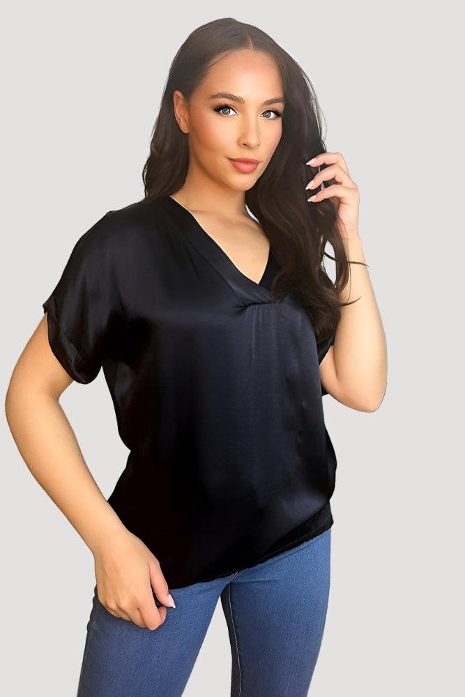 V-Neck Satin Front Short Sleeve Blouse