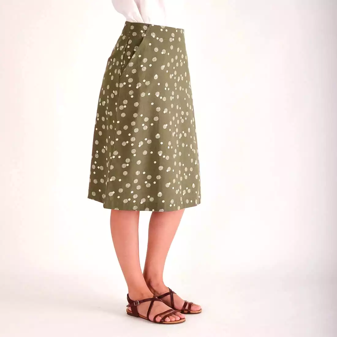 Velma Cotton & Linen A-line Skirt | Olive Dot Print