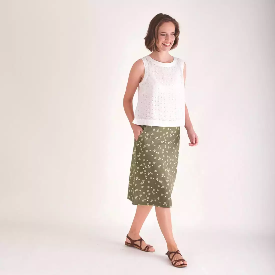 Velma Cotton & Linen A-line Skirt | Olive Dot Print