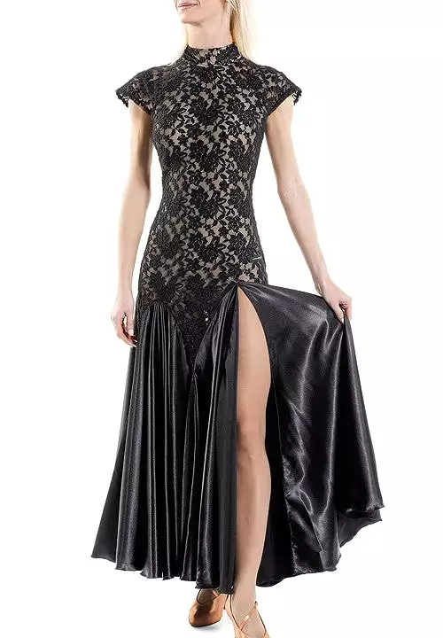 Victoria Blitz Black Lace Short Sleeve Ballroom Practice Dress with High Collar, Cutout Back, and Slit in Satin Skirt PRA 891 in