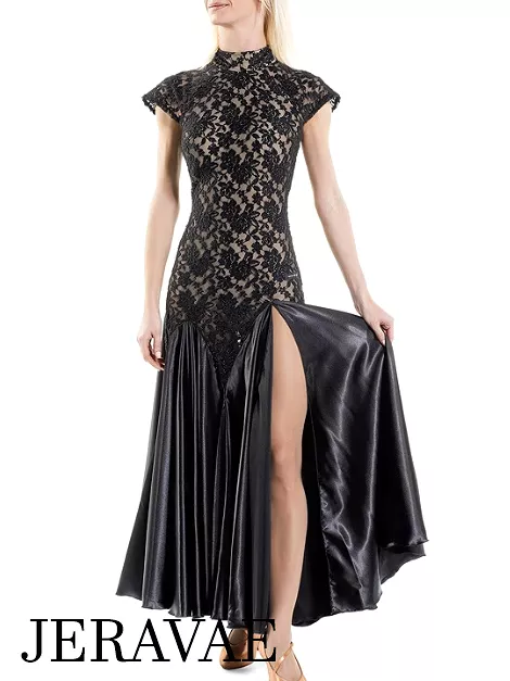 Victoria Blitz Black Lace Short Sleeve Ballroom Practice Dress with High Collar, Cutout Back, and Slit in Satin Skirt PRA 891 in