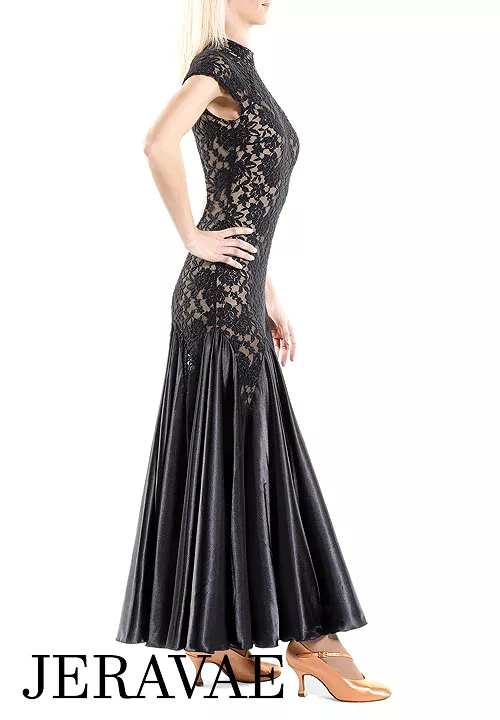 Victoria Blitz Black Lace Short Sleeve Ballroom Practice Dress with High Collar, Cutout Back, and Slit in Satin Skirt PRA 891 in