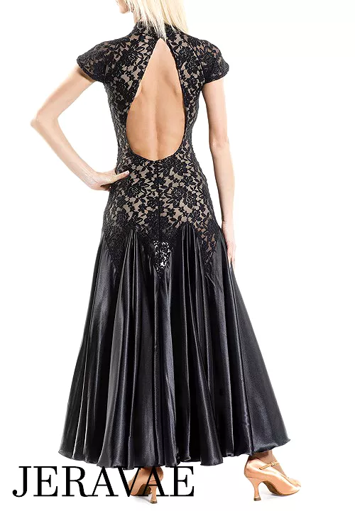 Victoria Blitz Black Lace Short Sleeve Ballroom Practice Dress with High Collar, Cutout Back, and Slit in Satin Skirt PRA 891 in