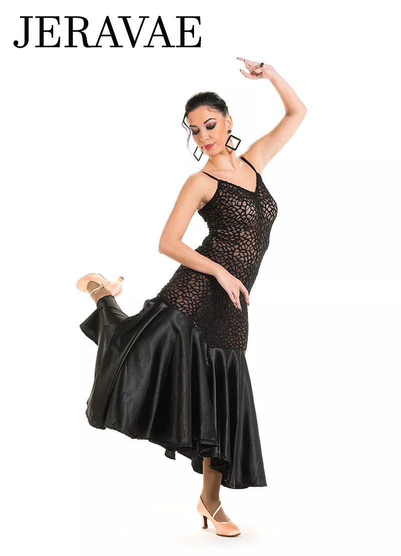 Victoria Blitz Transparent Stretch Lace Black Ballroom Practice Dress with V-Neckline and Satin Skirt PRA 901 in Stock