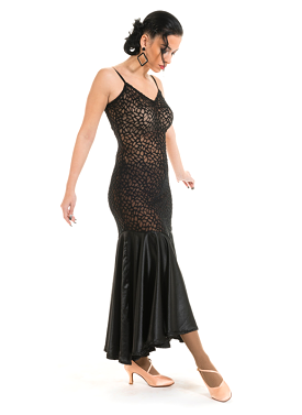 Victoria Blitz Transparent Stretch Lace Black Ballroom Practice Dress with V-Neckline and Satin Skirt PRA 901 in Stock