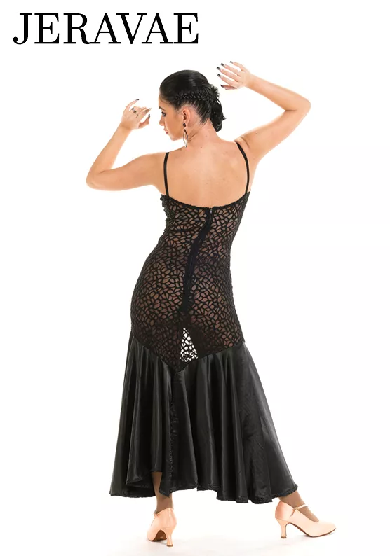 Victoria Blitz Transparent Stretch Lace Black Ballroom Practice Dress with V-Neckline and Satin Skirt PRA 901 in Stock