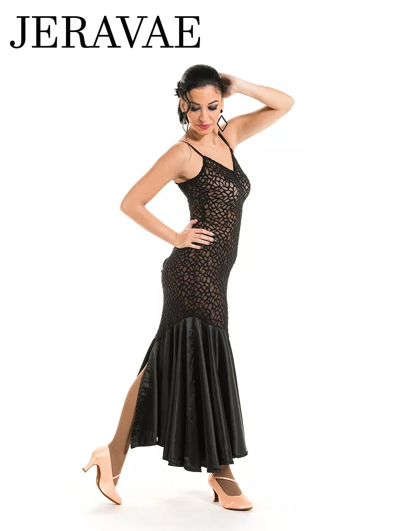 Victoria Blitz Transparent Stretch Lace Black Ballroom Practice Dress with V-Neckline and Satin Skirt PRA 901 in Stock