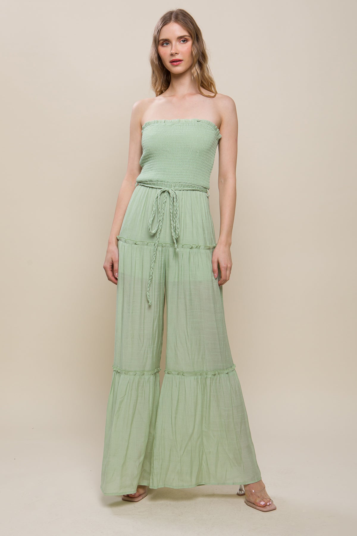 Woven Solid Sleeveless Smocked Ruffle Jumpsuit