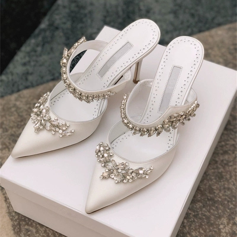 Yellow high heels satin rhinestone pointed sandals