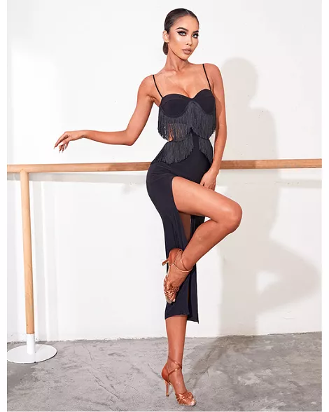 ZYM Dance Style Marvelous Fringe Black Latin Dress with Cutouts and High Slit in Skirt PRA 859 In Stock