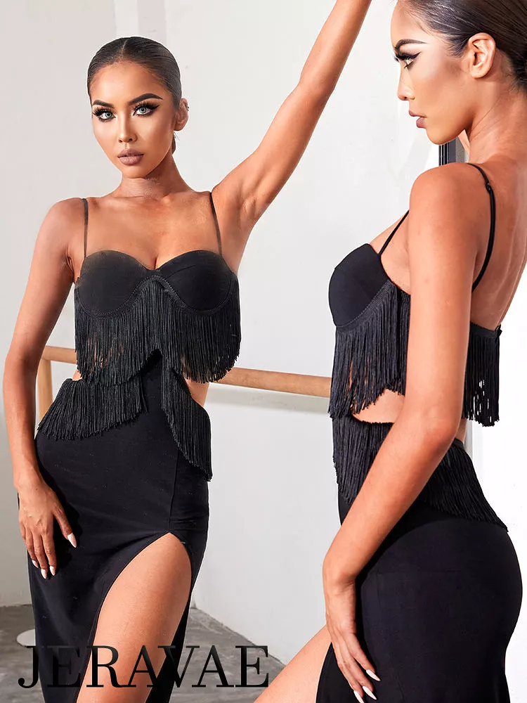 ZYM Dance Style Marvelous Fringe Black Latin Dress with Cutouts and High Slit in Skirt PRA 859 In Stock